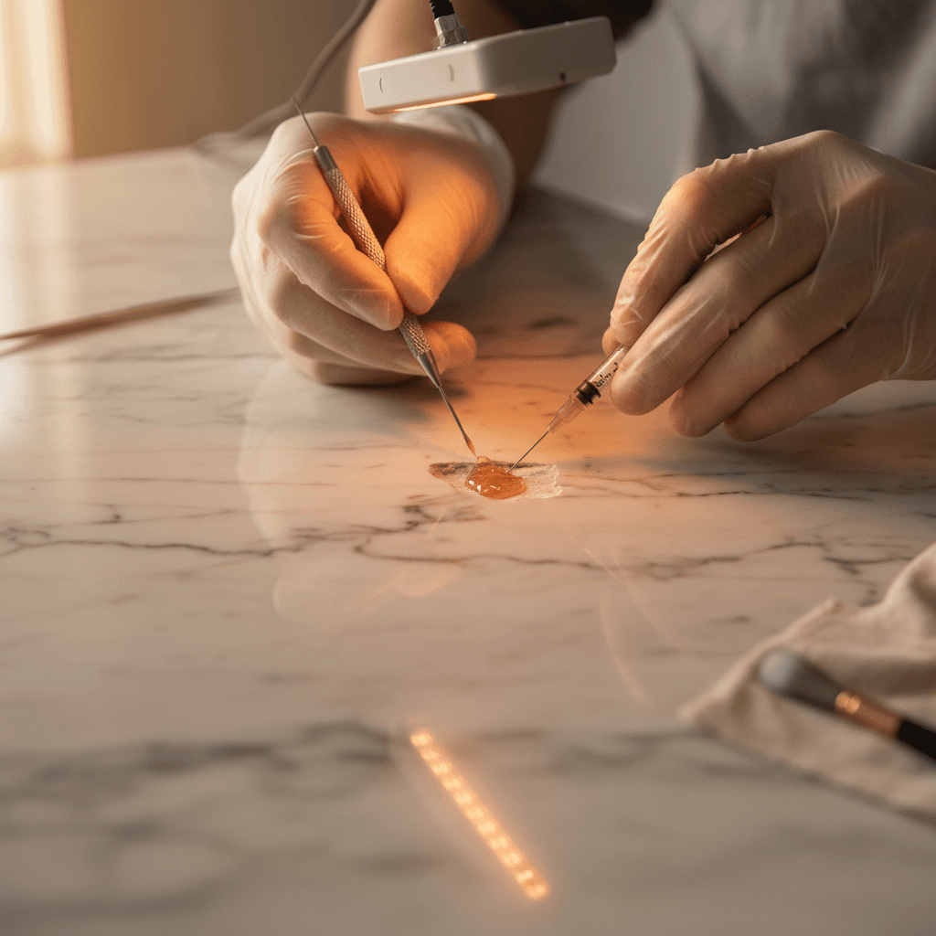 Close-up detail shot of a marble countertop surface with a visible chip being restored.