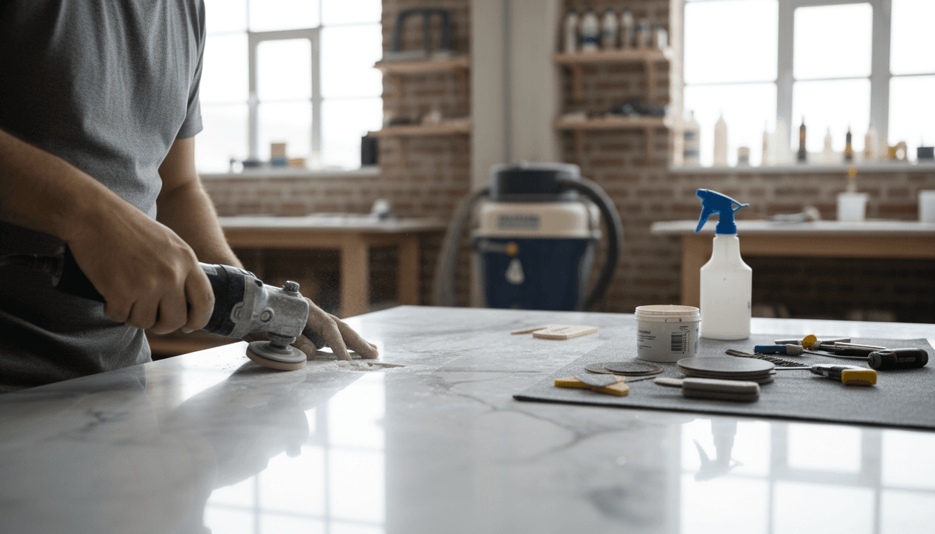 Artisan restoring a marble countertop with precision tools